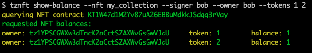 THe results of the `show-balance` command, with two NFTs in Bob's account